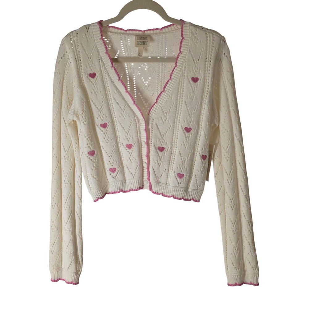 Derek Heart White Pink Heart Pointelle Knit Cropped Cardigan Sweater XL NWT